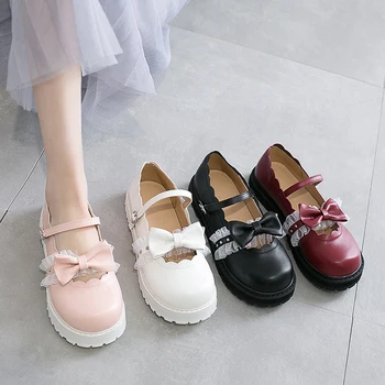 Japon tatlı lolita ayakkabı pembe beyaz kırmızı siyah yay Harajuku topuklu kadın sevimli ayakkabı kore kadın ayakkabı yuvarlak kafa kawaii ayakkabı 1