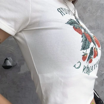 Çilek Karikatür Baskı Kırpma Üstleri Yaz 90 s Sevimli Rahat Grunge Harajuku Streetwear Mujer Y2K Ince Mektup Vintage Kadın T-Shirt 0