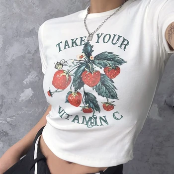 Çilek Karikatür Baskı Kırpma Üstleri Yaz 90 s Sevimli Rahat Grunge Harajuku Streetwear Mujer Y2K Ince Mektup Vintage Kadın T-Shirt 3