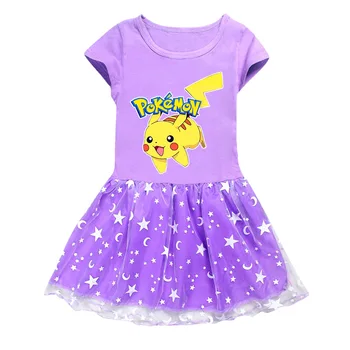 Çocuk Kız Etek Baokemeng Karikatür Baskı Elbise Pikachu Kız Etek Örgü Etek Pembe Etek Günlük Rahat Elbise 2
