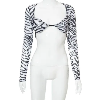 Üstleri Kadın Uzun Kollu Kırpma Üst Zebra baskılı tişört Yaz Kadın Moda Streetwear Y2K Parti Casual Tees Streetwear Üst 2