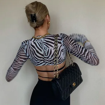 Üstleri Kadın Uzun Kollu Kırpma Üst Zebra baskılı tişört Yaz Kadın Moda Streetwear Y2K Parti Casual Tees Streetwear Üst 4