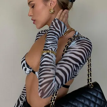 Üstleri Kadın Uzun Kollu Kırpma Üst Zebra baskılı tişört Yaz Kadın Moda Streetwear Y2K Parti Casual Tees Streetwear Üst 5