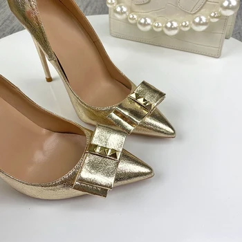 Veowalk Glitter Altın Yay Kadın Sivri Burun Stiletto Pompaları Bayanlar Yüksek Topuk düğün elbisesi Ayakkabı Üzerinde Kayma Artı Boyutu 33-45 8-12 cm 0