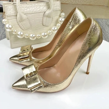 Veowalk Glitter Altın Yay Kadın Sivri Burun Stiletto Pompaları Bayanlar Yüksek Topuk düğün elbisesi Ayakkabı Üzerinde Kayma Artı Boyutu 33-45 8-12 cm 2
