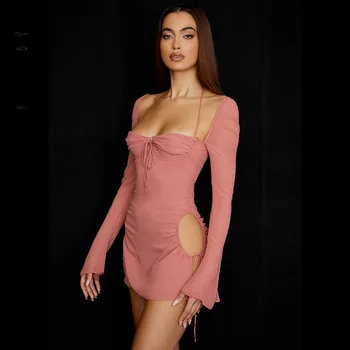 BoozRey Bahar Seksi Hollow Out Parti Bodycon Elbise Pembe Halter Tüp Üst Elbiseler Kadınlar ıçin 2022 Moda Giyim Ücretsiz Shiping
