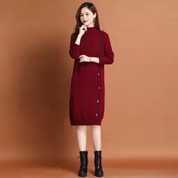 Moda Orta Uzunlukta Örme Kazak Elbise Diz Üzerinde Sonbahar Ve Kış Yeni Yarım Yüksek Boyun Büyük Boy Dip düz Elbise