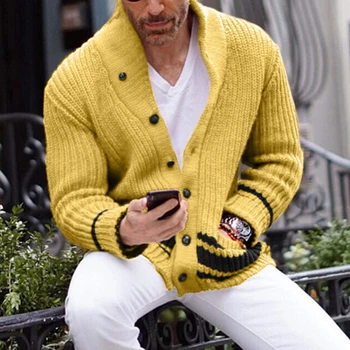 2021 Erkek Kış Sıcak Katı Uzun Kollu Örgü Hırka Tops Sonbahar Moda V Yaka Düğmeli Kazak Ceket Erkekler Için Rahat Streetwear