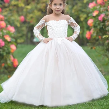 Çocuklar Çiçek Kız Elbise Düğün ıçin Prenses Uzun Kollu İlk Communion Sweep Tren Düğmeler Geri Pageant Parti Törenlerinde 1