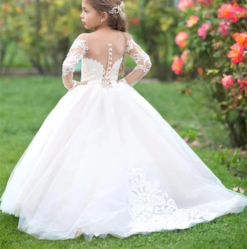 Çocuklar Çiçek Kız Elbise Düğün ıçin Prenses Uzun Kollu İlk Communion Sweep Tren Düğmeler Geri Pageant Parti Törenlerinde 4