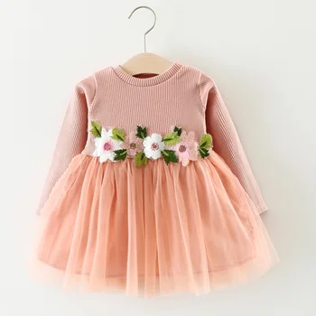 Güzel Yürüyor Bebek Yenidoğan Çocuk Bebek Kız Düğün Pageant Gelinlik Modelleri Uzun Kollu Çiçek Elbise Örgü Elbise Toddler için 3