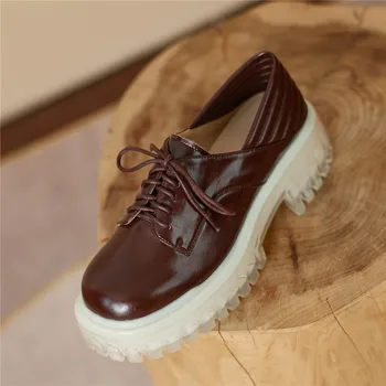 MİLİ-MİYA 2021 Moda Marka Tasarım Platformu Pompaları Dantel Up Kalın Alt İngiliz Tarzı Genç Bayan Günlük Giyim Basit rahat ayakkabılar 5
