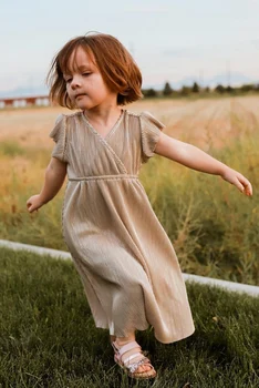 Bebek Kız Haki Klasik Kısa Kollu Uzun Elbise Yürüyor Çocuk Yumuşak Normal Vestidos Elbiseler Çocuk Giysileri için 2 3 4 5 6 Yıl 0
