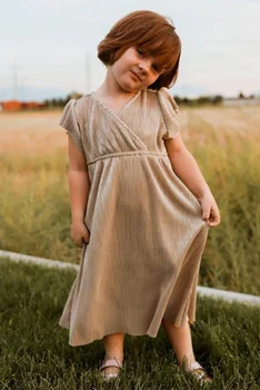 Bebek Kız Haki Klasik Kısa Kollu Uzun Elbise Yürüyor Çocuk Yumuşak Normal Vestidos Elbiseler Çocuk Giysileri için 2 3 4 5 6 Yıl 3