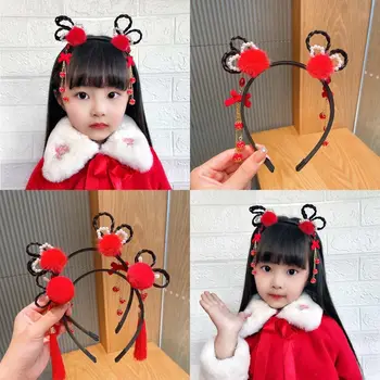 Çin Tarzı Moda Hanfu Çiçek Püskül Kafa Pigtail Peruk çocuk Inci Yay Karikatür Sevimli Hairband Yeni Yıl Headdress 0