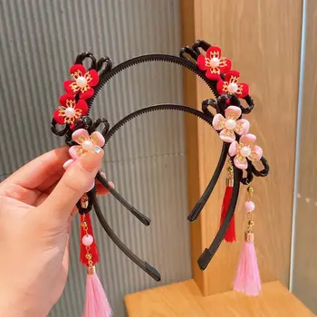 Çin Tarzı Moda Hanfu Çiçek Püskül Kafa Pigtail Peruk çocuk Inci Yay Karikatür Sevimli Hairband Yeni Yıl Headdress 4