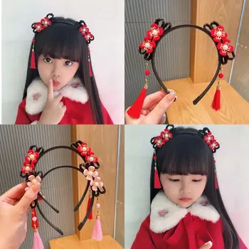 Çin Tarzı Moda Hanfu Çiçek Püskül Kafa Pigtail Peruk çocuk Inci Yay Karikatür Sevimli Hairband Yeni Yıl Headdress 5
