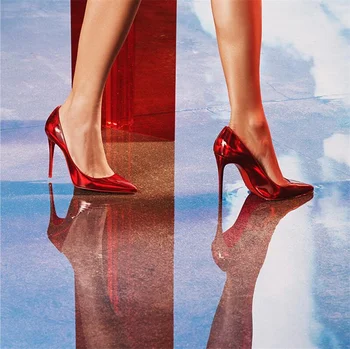 Kırmızı Parlak Kadınlar Sivri Burun Seksi Stiletto Pompalar Moda Tasarımcısı 8 cm 10 12 Yüksek Topuk Parti Ayakkabı Üzerinde Kayma QP148 ROVICIYA 0