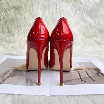 Kırmızı Parlak Kadınlar Sivri Burun Seksi Stiletto Pompalar Moda Tasarımcısı 8 cm 10 12 Yüksek Topuk Parti Ayakkabı Üzerinde Kayma QP148 ROVICIYA 1