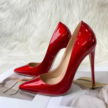 Kırmızı Parlak Kadınlar Sivri Burun Seksi Stiletto Pompalar Moda Tasarımcısı 8 cm 10 12 Yüksek Topuk Parti Ayakkabı Üzerinde Kayma QP148 ROVICIYA 2