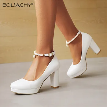 Moda Zarif Boyutu 33-43 Beyaz Kadın Ayakkabı Boncuklu Dekor Ayak Bileği Kayışı Ultra Mary Jane Yüksek Topuklu Pompalar Parti Düğün Ayakkabı 4