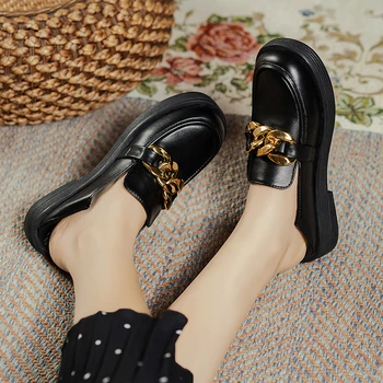 Klasik Tek Ayakkabı Kadın PU deri Ayakkabı Rahat Yuvarlak Kafa Moda Zincir Tasarım Lüks Kadın Ofis kadın ayakkabısı 4
