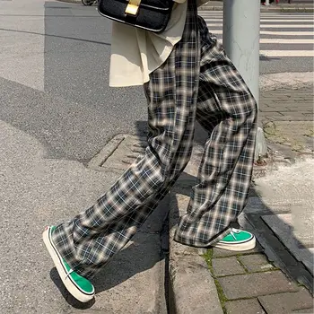 Yüksek Sokak Mop Kadın Pantolon Ekose Düz Pantolon Sonbahar Yüksek Bel Dökümlü Gevşek Tüm Maç Kore Harajuku Kadın Pantolon