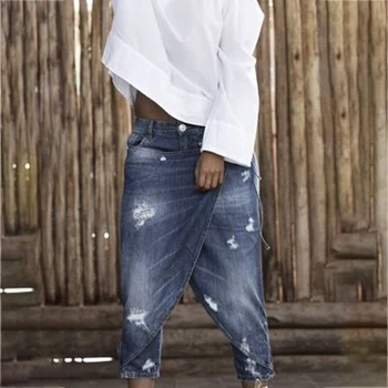 2021 Yeni Moda kapri pantolonlar Yırtık Erkek Arkadaşı Kot Kadınlar Için Moda Düşük Bel Sahte Iki Kat Kot Artı Boyutu 5XL Pantalones