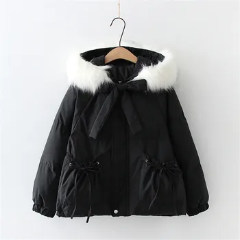 Kawaii Moda Pamuk Kapitone Ceket Kadın Sevimli Vintage Kalın Sıcak Kürk Yaka Kapüşonlu Ceket Rahat Kış Siyah Parka Giyim