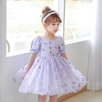 4-10 Yıl Kız Prenses Elbise Yaz Çocuklar Mor Kelebek Baskı Puf Kollu Dantel Elbiseler Çocuk Moda Giyim vestidos