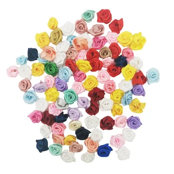 (100 adet / paket) 15mm Mix Renkli Küçük Çiçek Mini El Yapımı DIY Saten Kurdele Gül Kafa Düğün Scrapbooking Dekorasyon Floret