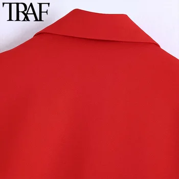 TRAF Kadın Moda Boy Kruvaze Blazer Ceket Vintage Uzun Kollu Flap Cepler Kadın Giyim Chic Tops