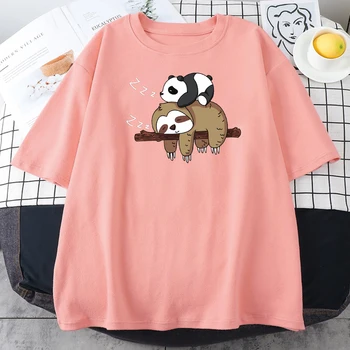 Kawaii Panda Tembellik Baskı Tişörtleri Kadın Harajuku Gevşek O Boyun T-shirt Karikatür Kısa Kollu Streetwear Tee Kadın Boy Tişörtleri 1