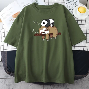 Kawaii Panda Tembellik Baskı Tişörtleri Kadın Harajuku Gevşek O Boyun T-shirt Karikatür Kısa Kollu Streetwear Tee Kadın Boy Tişörtleri 2