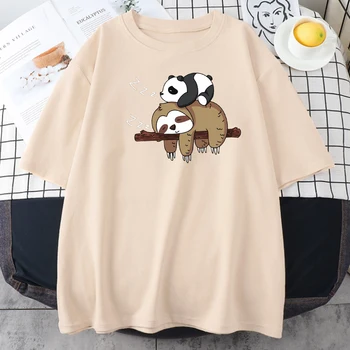 Kawaii Panda Tembellik Baskı Tişörtleri Kadın Harajuku Gevşek O Boyun T-shirt Karikatür Kısa Kollu Streetwear Tee Kadın Boy Tişörtleri 5