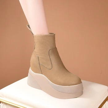 Yeni Kış Kadın Ayakkabı 100 % Doğal Hakiki Deri Çizmeler Kadın Çizmeler Kama Sıcak Kürk Kadın Çizmeler Inek Derisi Chelsea Kar Botları