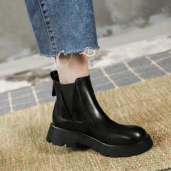 2021 Kadın Kahverengi Ayak Bileği Chelsea Çizmeler Retro Siyah PU Deri Gotik Ayakkabı Kadın Kalın Taban Kısa savaş Botları