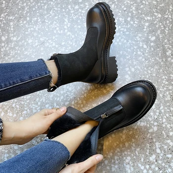 Gerçek Deri Ön Fermuar Chelsea Çizmeler Kadın platform ayakkabılar Sıcak Tutmak Kar Botları Tıknaz Topuklu Moda yarım çizmeler Kadın için
