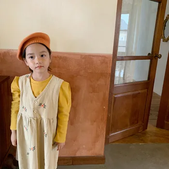 Elbise Kolsuz Diz Boyu Kazak A-line Katı Düzenli Pamuk Yeni Moda Basit Tatlı Bahar Sonbahar Çocuk Kız 1