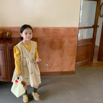 Elbise Kolsuz Diz Boyu Kazak A-line Katı Düzenli Pamuk Yeni Moda Basit Tatlı Bahar Sonbahar Çocuk Kız 2