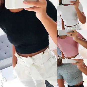 Yaz kadın moda kırpma üst gömlek düz renk O-boyun kısa kollu T-shirt Casual Tees temel siyah beyaz 2
