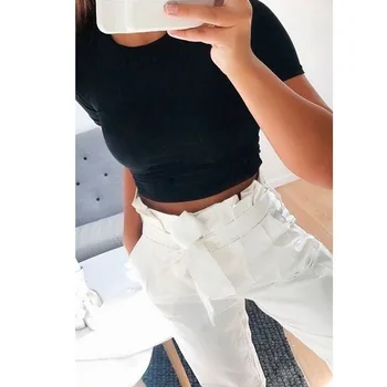 Yaz kadın moda kırpma üst gömlek düz renk O-boyun kısa kollu T-shirt Casual Tees temel siyah beyaz 4