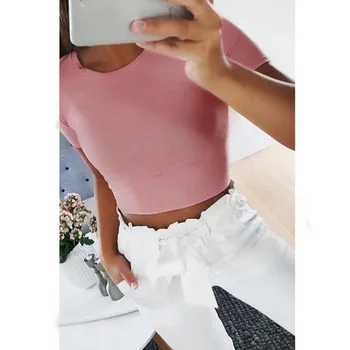 Yaz kadın moda kırpma üst gömlek düz renk O-boyun kısa kollu T-shirt Casual Tees temel siyah beyaz 5