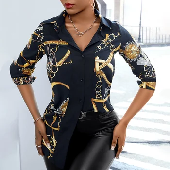 Kadın Moda Gömlek Lady Uzun Kollu Bluz Turn - aşağı Yaka Tasarım Zincir Baskı Rahat Gömlek