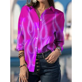 Degrade Baskılı Uzun Kollu Gömlek kadın Giyim Sonbahar Moda Zarif Ofis Lady Düğme Tüm Maç Rahat Şifon Bluzlar