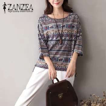 ZANZEA 2021 Kadın Sonbahar Çiçek O Boyun 3/4 Kollu Bluz Casual Vintage Gömlek Pamuk Keten Baggy Üst Blusas Tunik