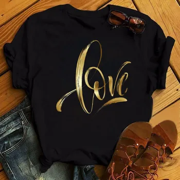 Yeni Kadın Siyah T Shirt Aşk Altın Yazı Elle Çizilmiş T Gömlek Bayanlar Rahat Sevimli Kısa Kollu Üstleri Tee Kadın yazlık t-shirt Elbise 2