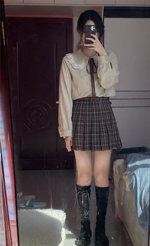 Sonbahar Kore Yüksek Bel Pilili Etekler Japon Tiki Tarzı Bluz + Mini Ekose Etek Y2K Kadın JK Üniforma Öğrencileri Giysi