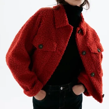 Za kadın Polar Ceket Kırmızı Ceket Düğme Cep Uzun Kollu Üst Sonbahar Casaul Ceket Bayanlar Zarif Dış Giyim Katı Kadın Ceket TRF