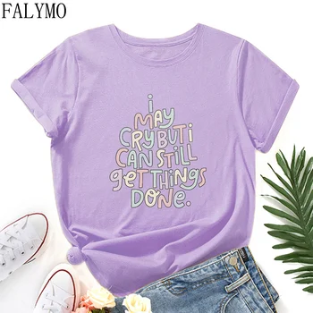 Kadın %100 % Pamuk T - Shirt Kısa Kollu Komik Mektup Baskı Tee Tops Grafik Tee Gömlek Kadın Yaz Sonbahar Elbise Söyleyerek Gömlek 0